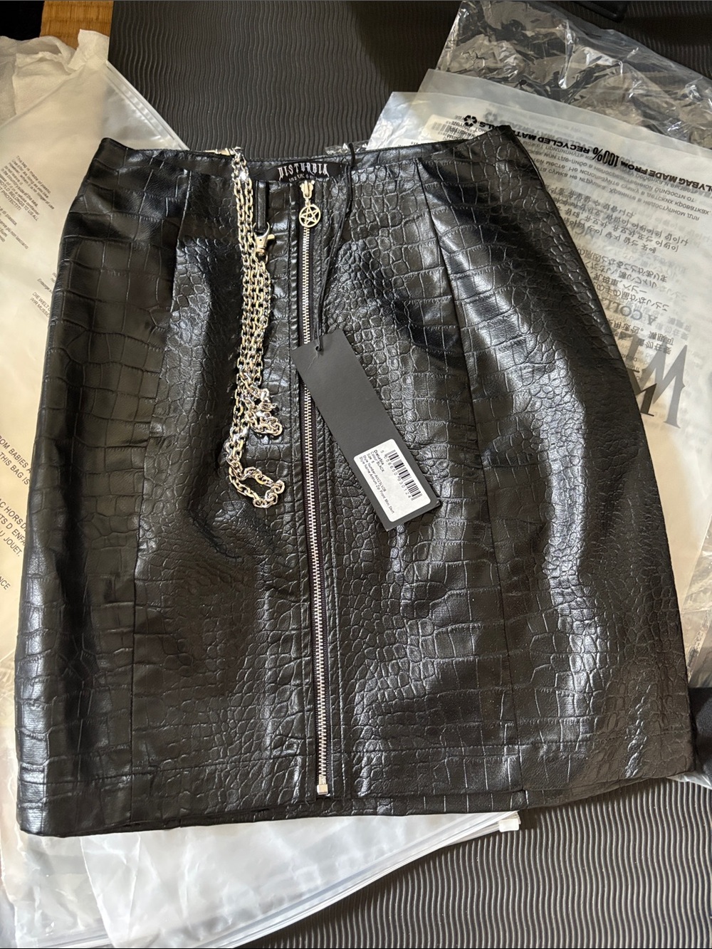 Disturbia Black Faux Croc Zip-Front Mini Skirt with Chain Detail